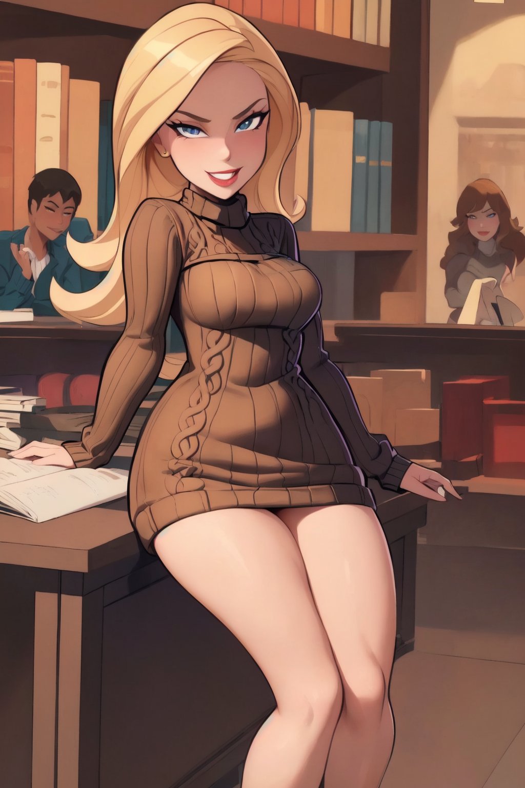 masterpiece,  best quality,  full body,  1girl,  blonde,  (((miniskirt,  long legs))),  (((sweater))),  looking at viewer,  smiling,  high heels,  high boots,  sitting in chair,  ((in a public library)), <lora:EMS-78939-EMS:0.800000>