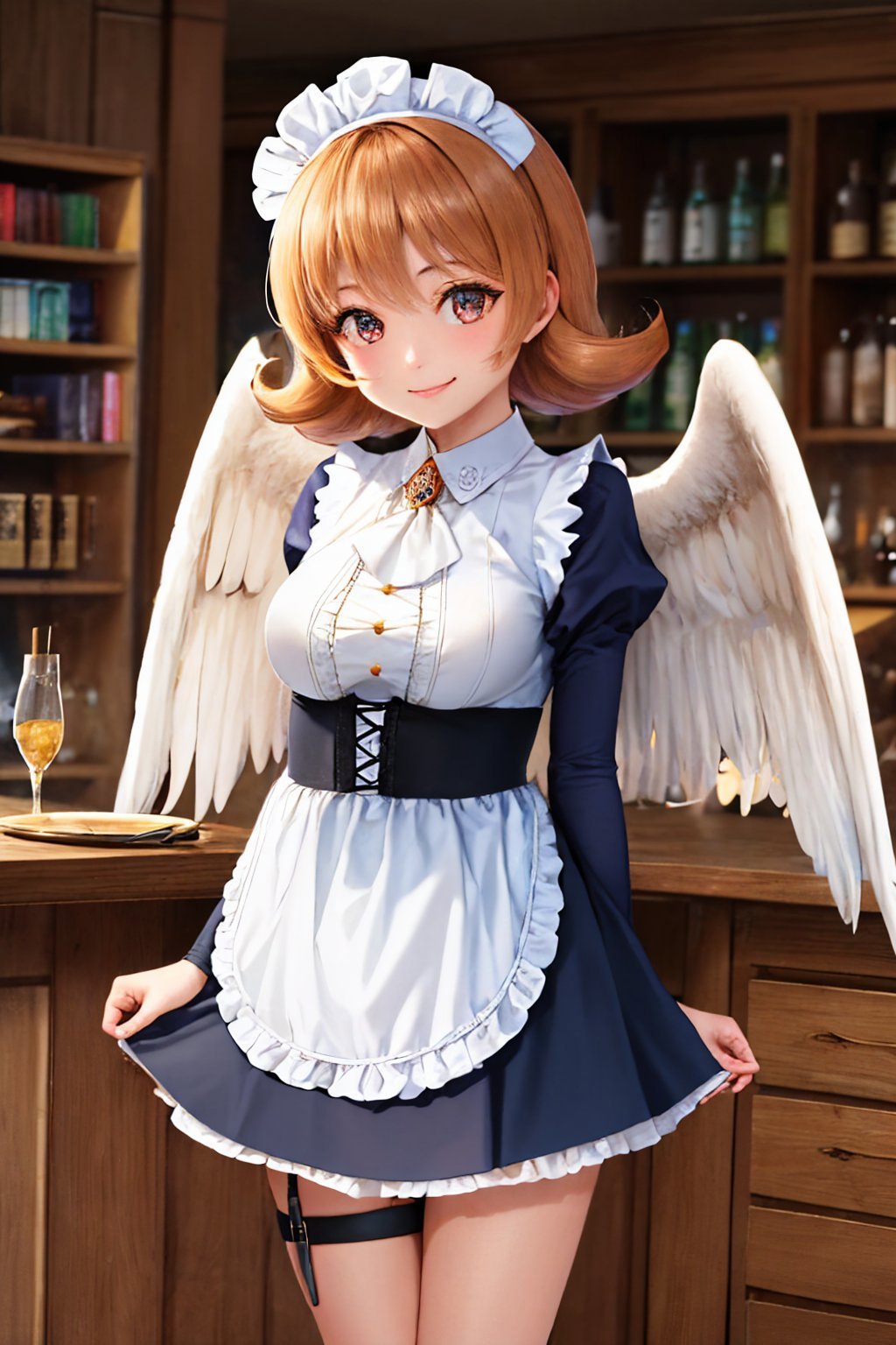 (masterpiece, best quality:1.2), <lyco:interspeciesreviewers_meidri-10:1.0>, cowboy shot, solo, 1girl, meidri, smile, looking at viewer, holding tray, maid headdress, maid, dress, long sleeves, puffy sleeves, apron, thigh strap, bird legs, feathered wings