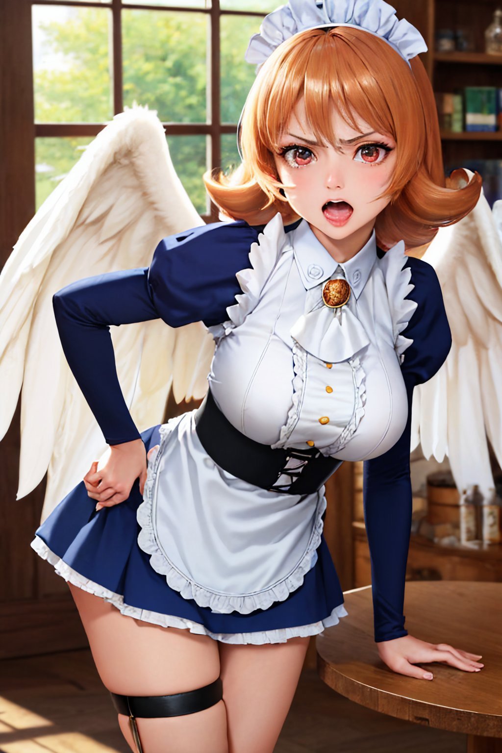 (masterpiece, best quality:1.2), <lyco:interspeciesreviewers_meidri-10:1.0>, cowboy shot, solo, 1girl, meidri, angry, open mouth, looking at viewer, hands on hips, leaning forward, maid headdress, maid, dress, long sleeves, puffy sleeves, apron, thigh strap, bird legs, feathered wings, large breasts