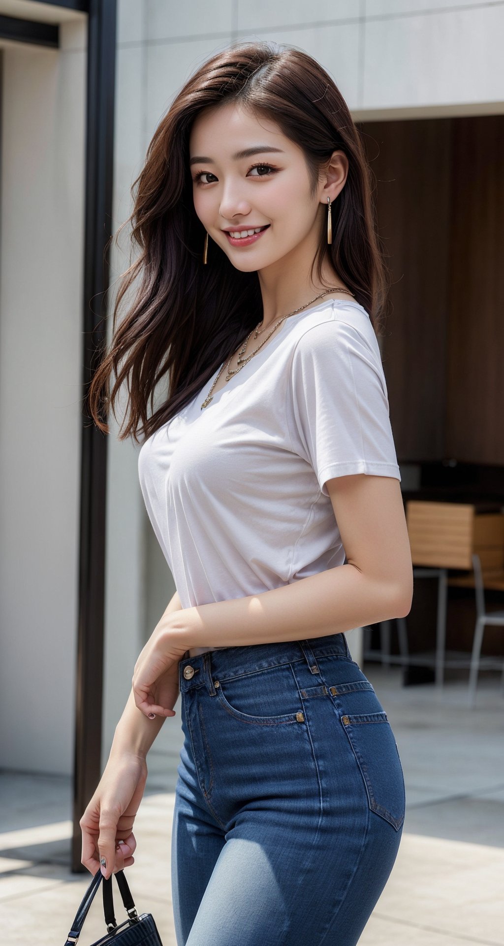 (Masterpiece, highest quality, realistic, high resolution), 1 beautiful Korean woman, bright smile, long black hair, sharp focus, medium breasts, brown eyes, detailed and realistic Skin texture, tall stature, necklace, earrings, front shot, temple, shame, smile, high heels,  portrait, jeans, t-shirt,