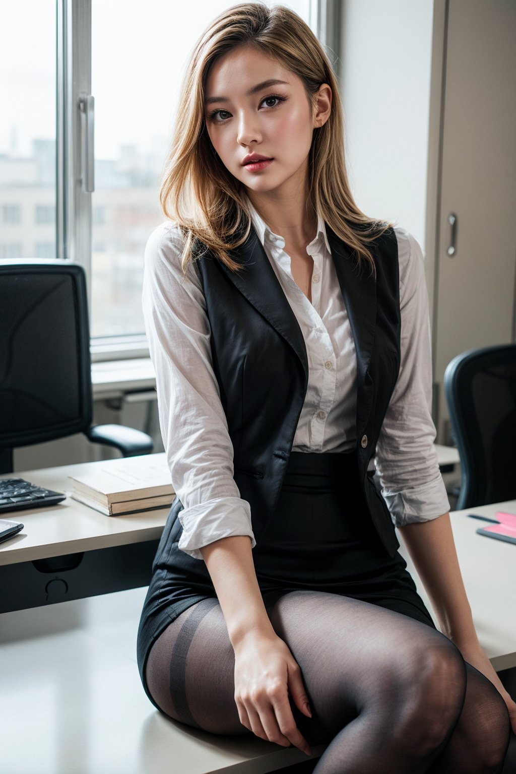 upper body portrait, officel, a pretty blonde caucasian office lady, office suit, pantyhose, stiletto heels, detailed details, natural daylight, ray tracing 