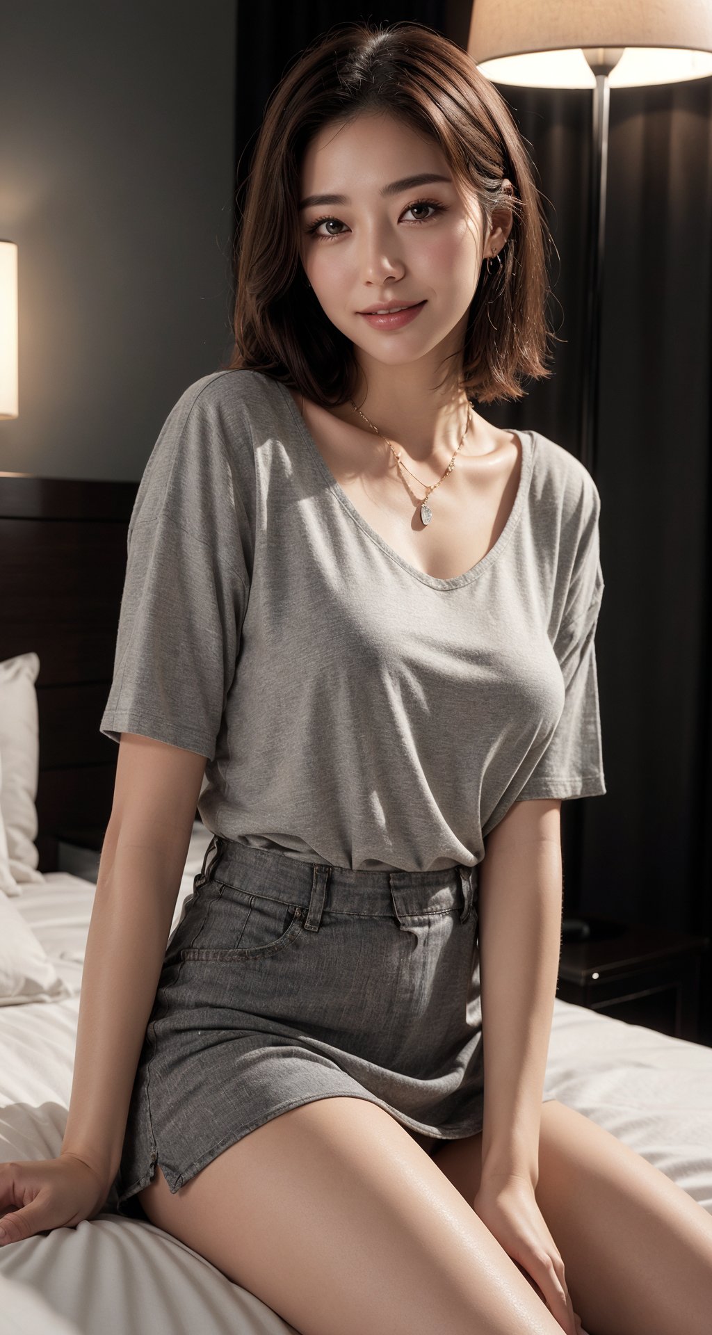 (Masterpiece, good quality, 32k, UHD:1.2), a beautiful Korean woman, medium dark brown hair, natural saggy medium breasts, wide hips, tall stature, thick body, pale skin, necklace, grey t-shirt, casual skirt, (in the dark:1.5), reclining on hotel bed, sexy face, smile, white teeth, look at viewer, full body focus, detailed eyes and face, detailed skin texture and fabric rendering, detailed details 