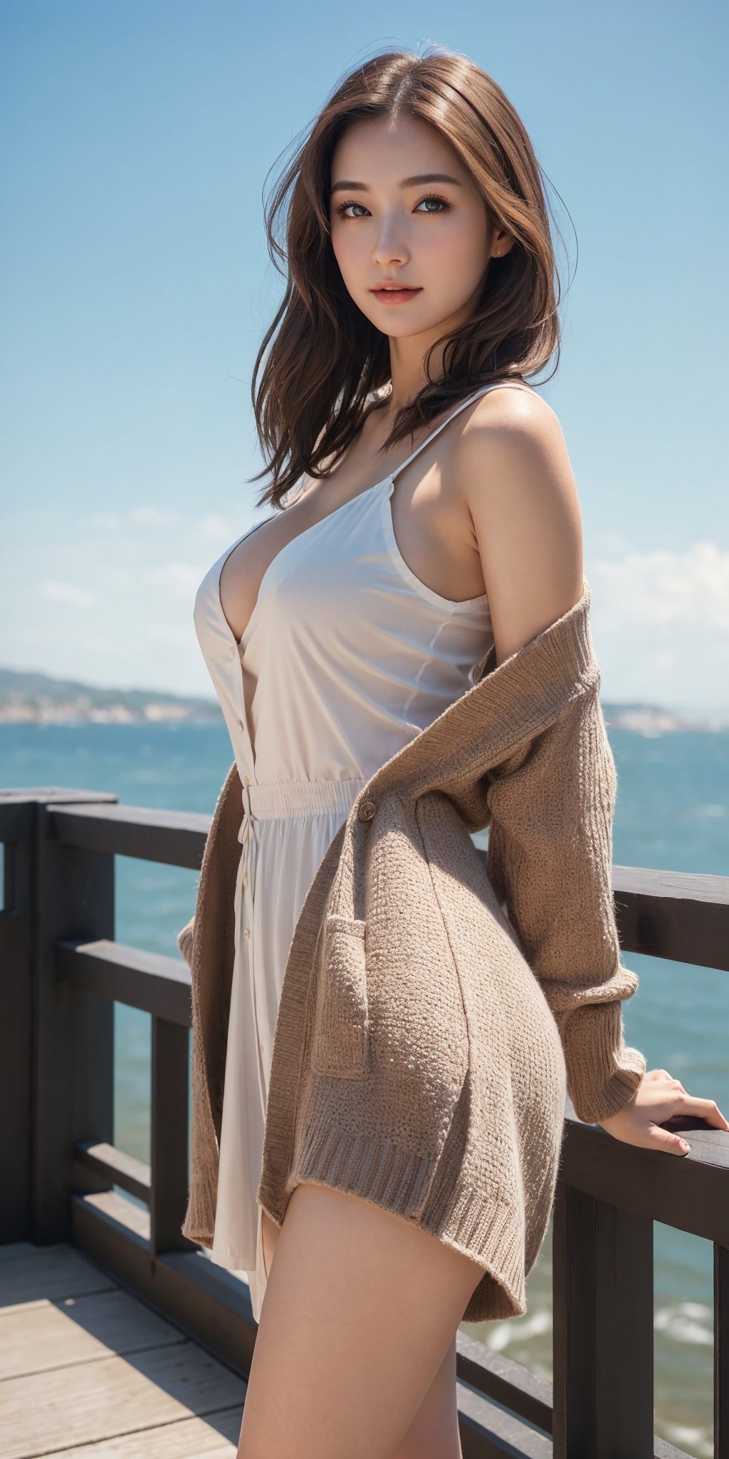 (Best quality, 8k, 32k, Masterpiece, UHD:1.2), Photo of Pretty Japanese woman, 1girl, risa, (shoulder length dark brown hair), double eyelids, medium-large breasts, wide hips, long-legged, tall stature, pale skin, casual dress, cardigan, ocean view, walking on seaside hill, enchanting smile, view from below, thighs focus, windy, ray tracing, detailed eyes, detailed facial, detailed real skin texture, detailed fabric rendering,