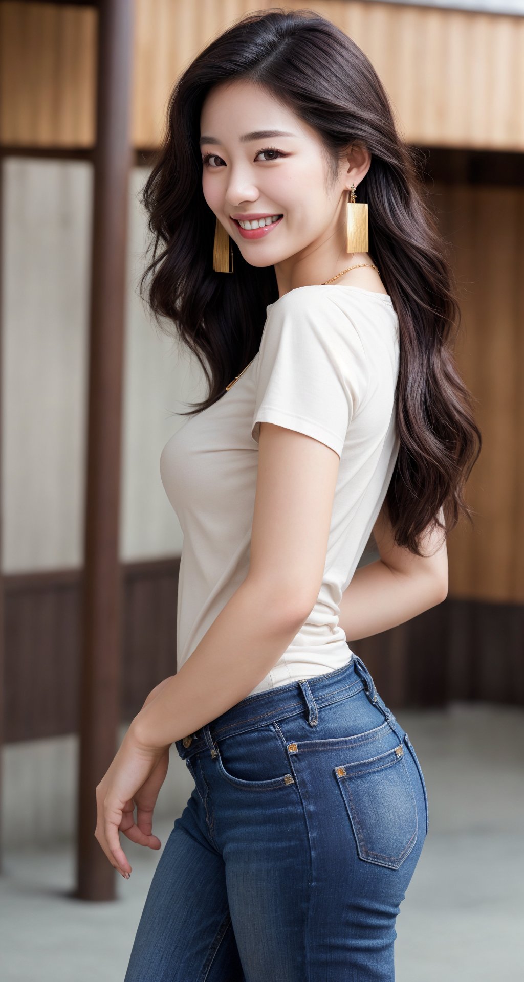 (Masterpiece, highest quality, realistic, high resolution), 1 beautiful Korean woman, bright smile, long black hair, sharp focus, medium breasts, brown eyes, detailed and realistic Skin texture, tall stature, necklace, earrings, front shot, temple, shame, smile, high heels,  portrait, jeans, t-shirt,