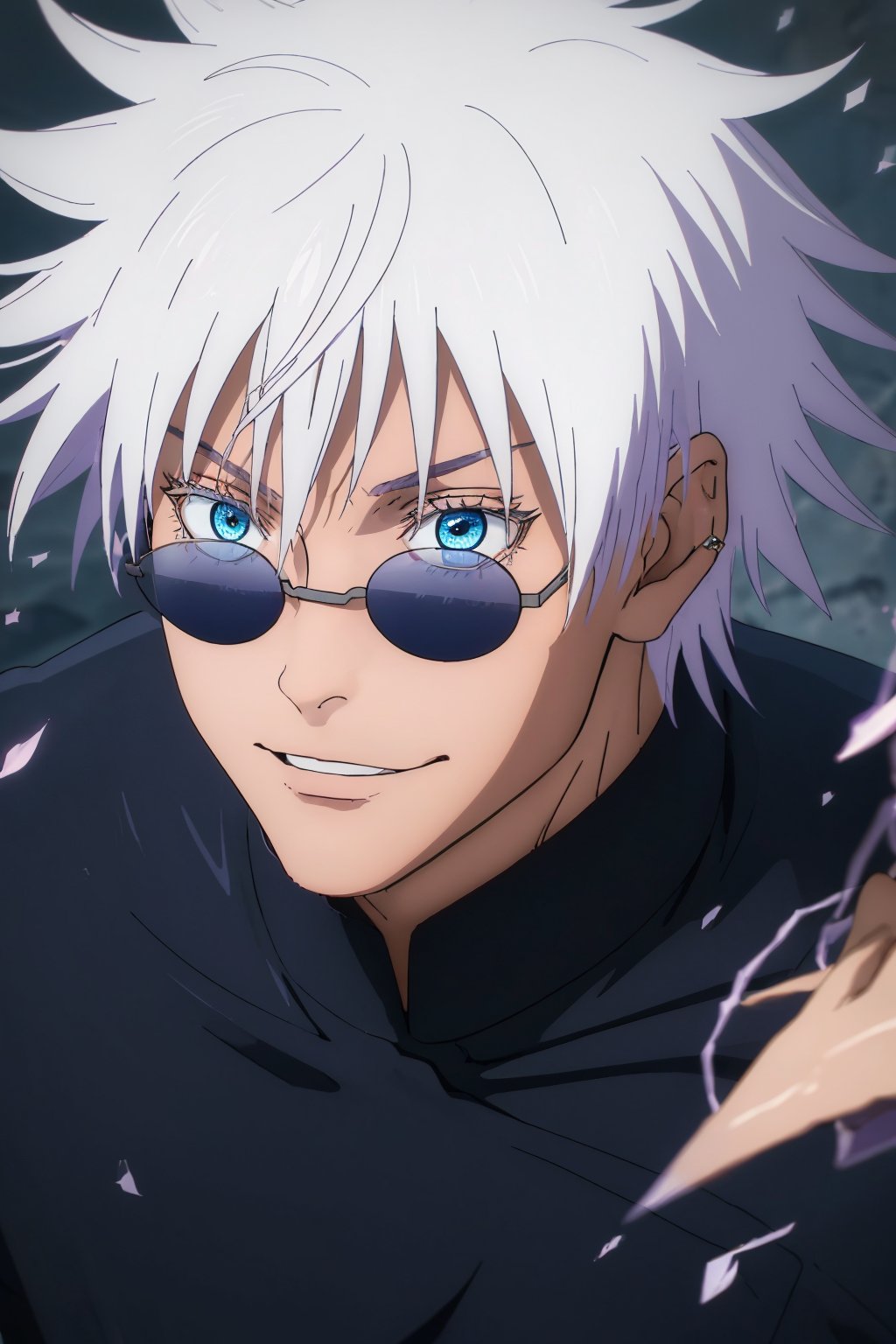 (best quality,4k,8k,highres,masterpiece:1.2),ultra-detailed,(realistic,photorealistic,photo-realistic:1.37),jujutsu Kaisen, Satoru Gojo, intense gaze,fierce expression,dark purple shirt,bright white hair,curly hair,wide-brimmed hat,exclusive black sunglasses,multiple piercing eyes,striking presence,wide grin,strong facial features,aura of power,lit glow behind sunglasses,action-packed scene,anime portraiture,sharp focus,expressive brushstrokes,vibrant colors,contrasting tones,magical energy,electric blue atmosphere,mysterious dark background+lightning,controlled chaos,spellbinding charisma,shimmering crimson domain,dynamic movement,hovering sakura petals,evocative lighting,mesmerizing power,eye-catching visual spectacle