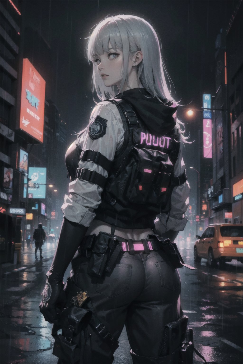 (best quality, masterpiece:1.1), (Intricate detailed:1.2),   cowboy shot,  looking back,   1girl, aroused face, grey hair, absurdly long hair, blunt bangs,         (bulletproof vest, bullet pouch on top of the bulletproof vest, combat pants), hoodie, wearing boots, holster on the thigh, black gloves BREAK ( (neon lights), future, cyberpunk, cyberpunk city, graffiti, (rain)) in the background,
