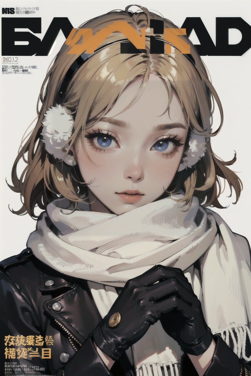 (best quality, masterpiece:1.1), Better light:0.5,  close up,     (1female), irritating face, golden hair, medium hair, messy hair,        winter clothes, earmuffs, gloves, white scarf, ( (magazine, magazine cover background, simple background:1.1)),
