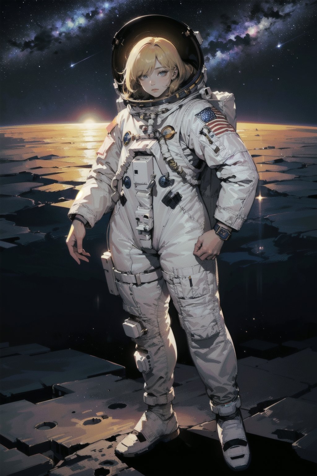 (best quality, masterpiece:1.1),   full body,     (1female), arrogant face, yellow hair, long hair, hair over eyes,        (thick space suit, astronaut:1.2), ( space, star (sky), starlight, on the moon, starry sky, blue star, planet),
