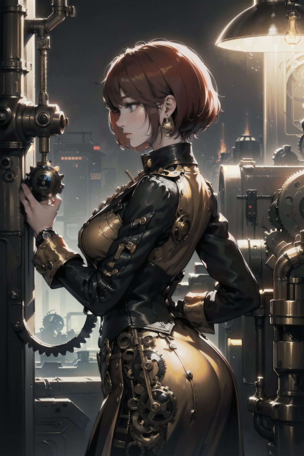 (best quality, masterpiece:1.1),   cowboy shot, sideview,    (1female), touched face, red hair, absurdly short hair, hair over eyes, pixie cut,       (trendy office fashion:1.2), ( dark office,night), ((fantasy, steampunk, analog meter, gear, brass gears, brass mechanical parts, intricate machines, brass, exhaust emissions:1.2), )
