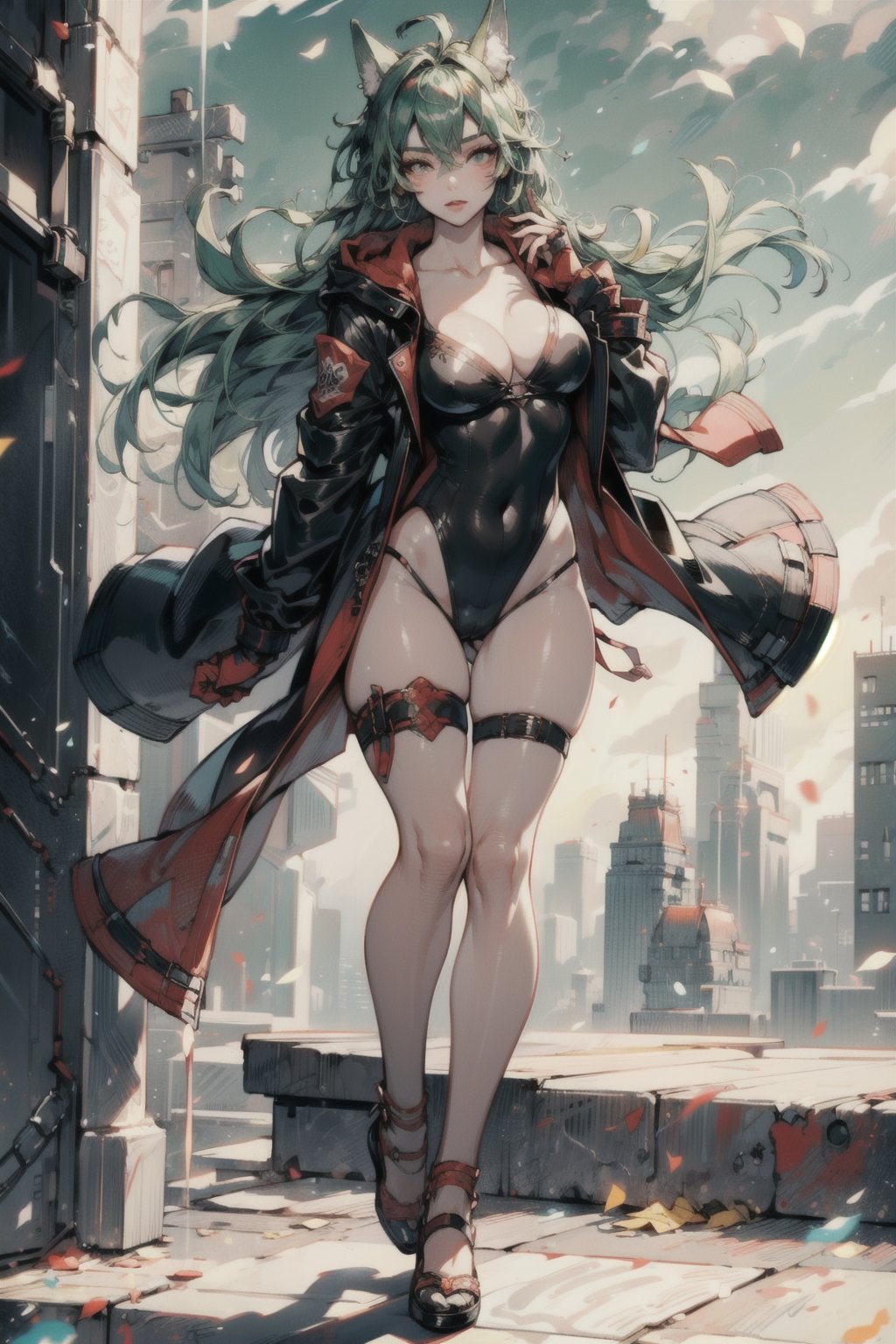 masterpiece, best quality, vivid colors, long hair, full body, highly detailed and detailed face and eyes, long hair, camel toe, panties showing, standing, front point of view, sfw, vulva, ahoge, 1 girl, dynamic pose, clothes floating with the wind, powerful colors, arknights red project relaxing on a rooftop, 1 girl, gray hair, navel, warm body, red light breeze project, green eyes, leaning forward, jacket, fox tail, hood, open jacket, hooded jacket, black jacket, black one piece swimsuit, thigh strap, unbuttoned, high leg swimsuit, ears through head, kiriko,1 girl