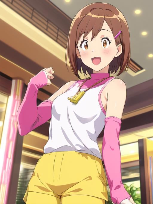 best quality, masterpiece, highres, detailed, digital illustration,  <lora:Detail - add_detail:0.2>, HikariDigi02, brown hair, 1girl, yellow shorts, pink and white top, pink gloves, hair clip, whistle, excited,  indoors, mall, small breasts,   <lora:Character - HikariDigi02:0.9>,  straight-on, 