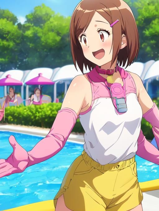 best quality, masterpiece, highres, detailed, digital illustration,  <lora:Detail - add_detail:0.2>, HikariDigi02, brown hair, 1girl, yellow shorts, pink and white top, pink gloves, hair clip, whistle around neck, excited,  outdoors, waterpark, small breasts,   <lora:Character - HikariDigi02:0.9>, 