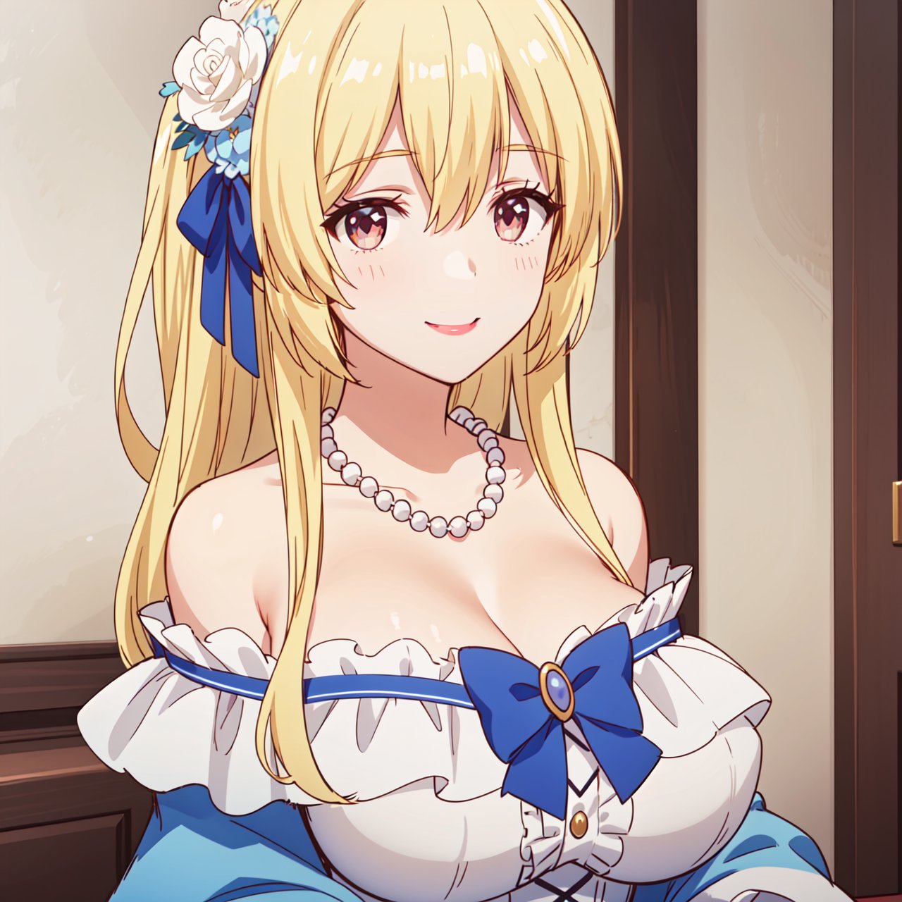 (masterpiece,  best quality),  1girl,  elisha,  hair ornament,  jewelry,  flower,  hair flower,  lipstick,  pearl necklace,  hair_ribbon,  huge breasts,  dress,  bow,  hair bow,  nail polish,  blue nails,  off-shoulder,  smile,  looking at viewer, <lora:EMS-79031-EMS:0.500000>