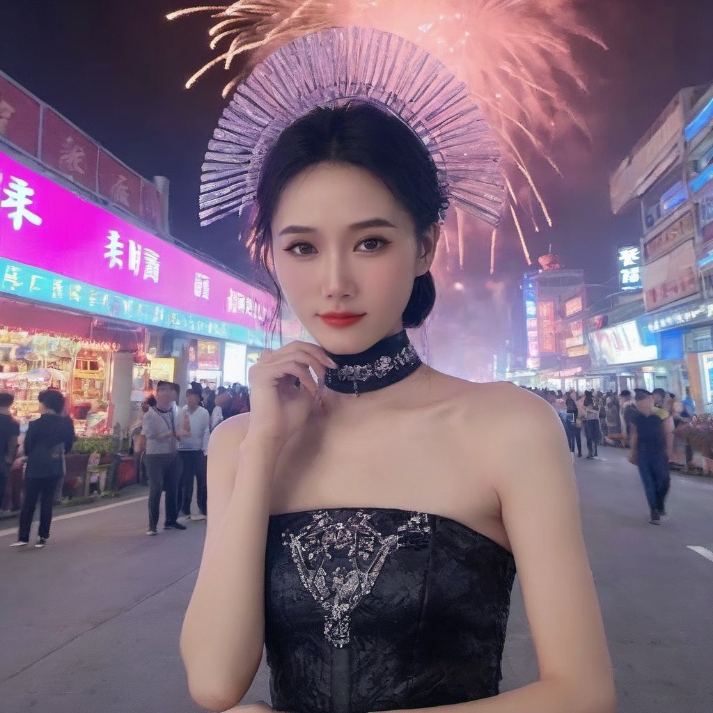 ZXM_transparent,a chinese girl,china_dress,traditional_clothes,chinese_style,seductive_smile,incredibly absurdres,photo,((futurism)),Cinematic Lighting,realistic,fantasy,Alps,fireworks,cowboy_shot,medium_shot,front view,eye-contact,light purple upper shan,white with orange long upper shan,pink with white chest po skirt,pink waistband,Space opera,Space port,robot arm,elbow gloves,night,glisten,stare,cyberpunk,((((citylight)))),science fiction,bodysuit,Mechanical armor headdress,(bare shoulders),