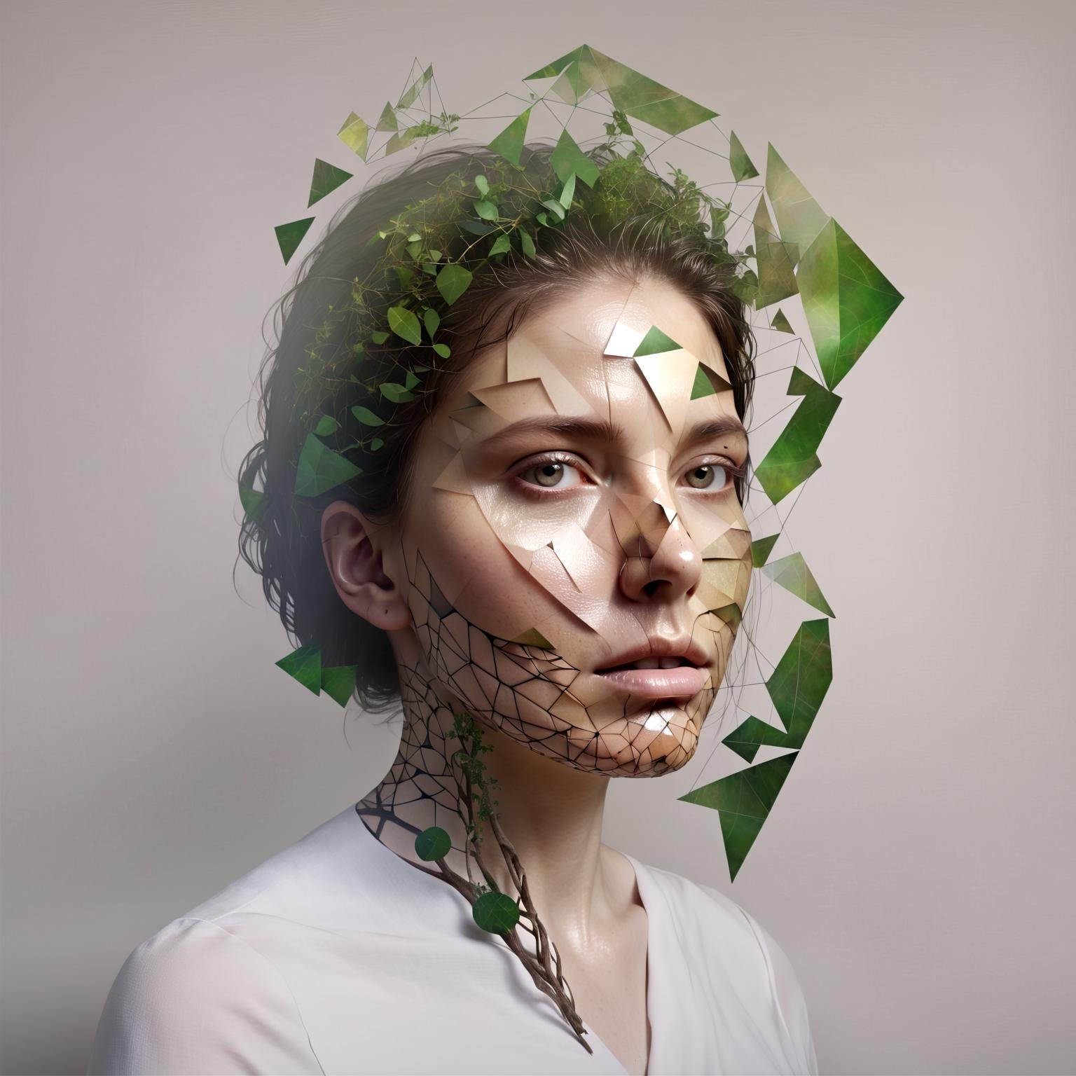 A portrait where the face is shattered into various geometric shapes and reassembles. People with body parts made of intertwined vines, as if merging with nature. Bodies that are transparent, revealing inner mechanisms or galaxies pulsating beneath the skin.,in jorg karg style,,