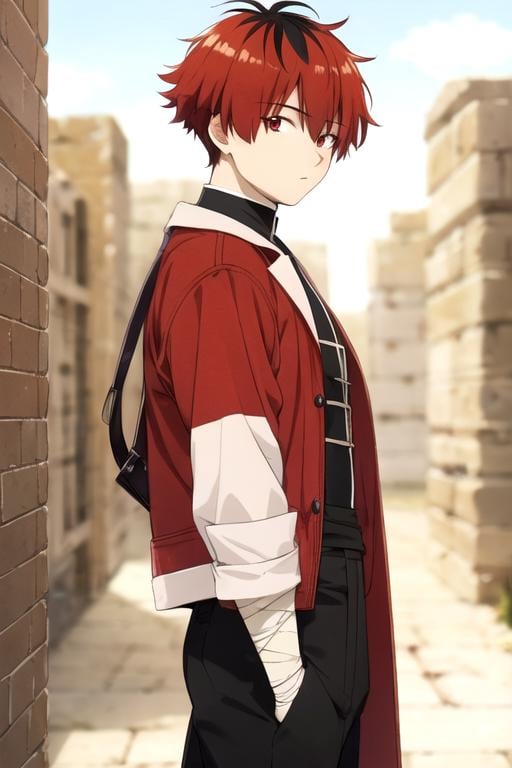 masterpiece, best quality, wallpaper, 1boy, solo, male focus, looking at viewer, , depth of field, , , <lora:stark_sousou_no_frieren:0.70>, stark_sousou_no_frieren, red hair, red eyes, , black hair, , , , ancient greece, HDR