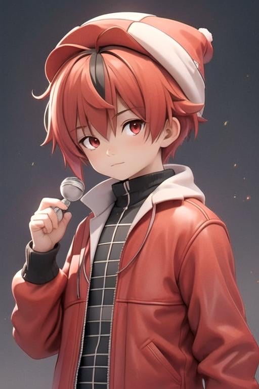 masterpiece, best quality, wallpaper, 1boy, solo, male focus, looking at viewer, upper body, , ligne claire, , <lora:stark_sousou_no_frieren:0.66>, stark_sousou_no_frieren, red hair, red eyes, multicolored hair, , , leather jacket, bobble hat, science fiction science fantasy,