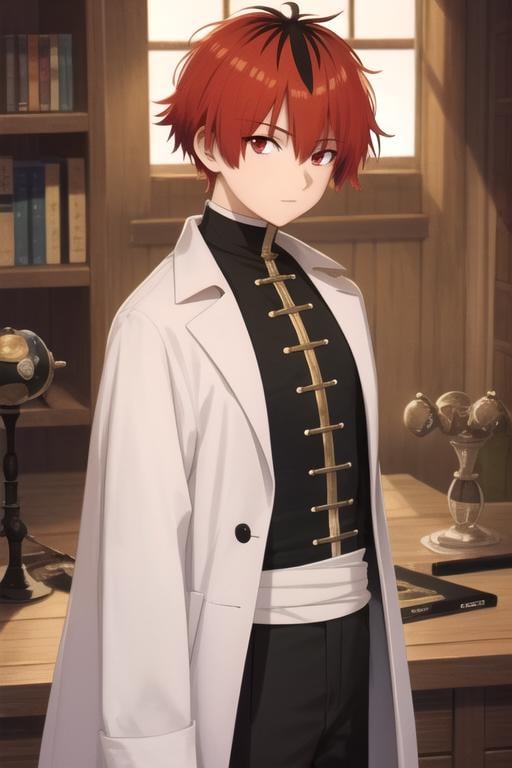 masterpiece, best quality, illustration, 1boy, solo, male focus, looking at viewer, , , anime coloring, , <lora:stark_sousou_no_frieren:0.68>, stark_sousou_no_frieren, red hair, red eyes, multicolored hair, , , medieval costume, science fiction detective, 16k resolution