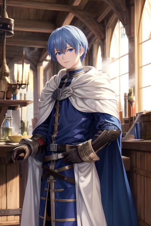 masterpiece, best quality, game cg, 1boy, solo, male focus, looking at viewer, , , anime coloring, , <lora:himmel_sousou_no_frieren:0.74>, himmel_sousou_no_frieren, blue hair, blue eyes, medieval costume, science fiction steam punk, 2k resolution