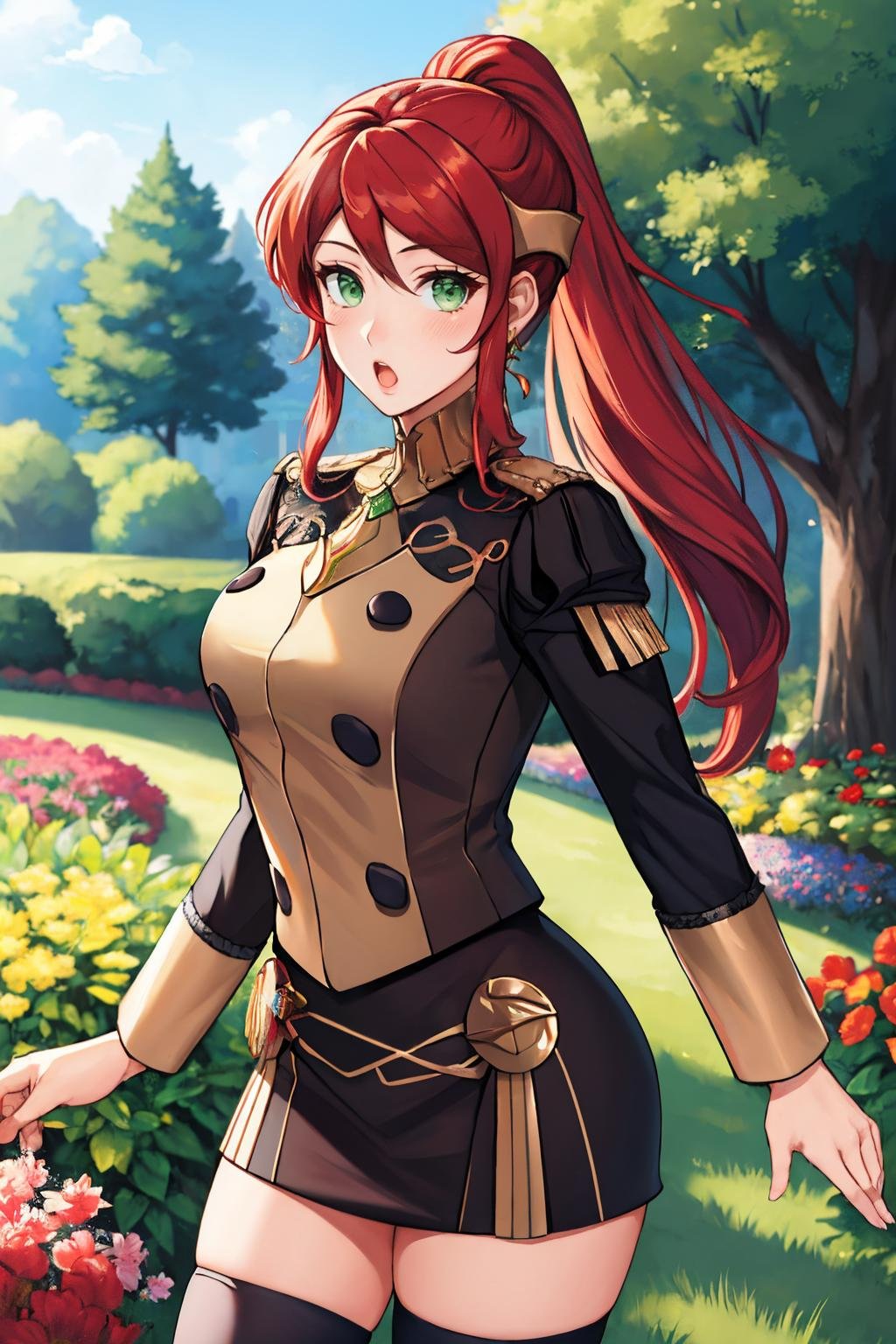 masterpiece, best quality,  <lora:pyrrha-nvwls-v1-000008:0.8> pyrrha nikos, ponytail, circlet <lora:gmuniform-nvwls-v1:1> gmuniform, blue thighhighs, garden, looking at viewer, :o, standing, cowboy shot