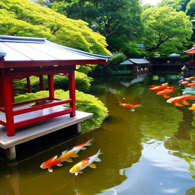 1girl, looking at the viewer, water, pond, lake, shrine, koi