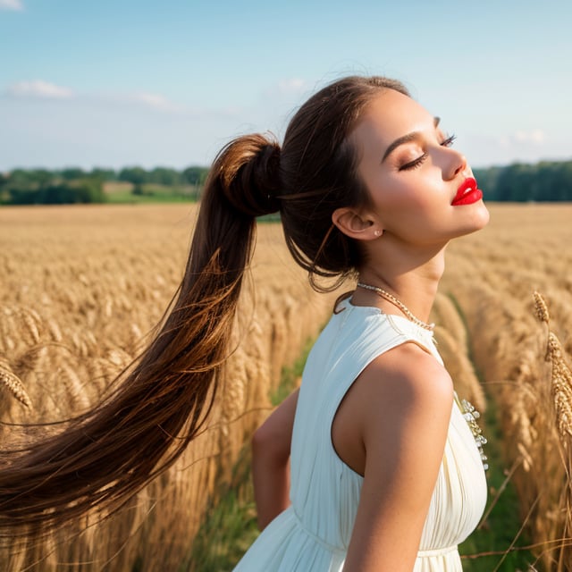 (masterpiece:1.4),, (best quality:1.4),, ultra-high res,, 8K, CG,, (extremely delicate and beautiful:1.2),, , upper body,, from side,, looking at viewer,, , 1girl,, solo,, fashi-girl,, mature girl,, , cute, sweet,, , in the wheat field,, blurry background,, , long brown hair,, ponytail hair,, , brown eyes,, closed mouth,, red lips,, , face brushed by the wind,, , white dress,, medium breasts,