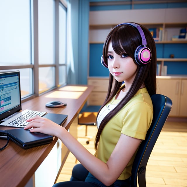 anime girl sitting at a desk with headphones on writing, anime style 4 k, digital anime illustration, digital anime art, anime style. 8k, anime moe artstyle, anime art wallpaper 4 k, anime art wallpaper 4k, anime style illustration, smooth anime cg art, detailed digital anime art, anime art wallpaper 8 k, realistic anime 3 d style