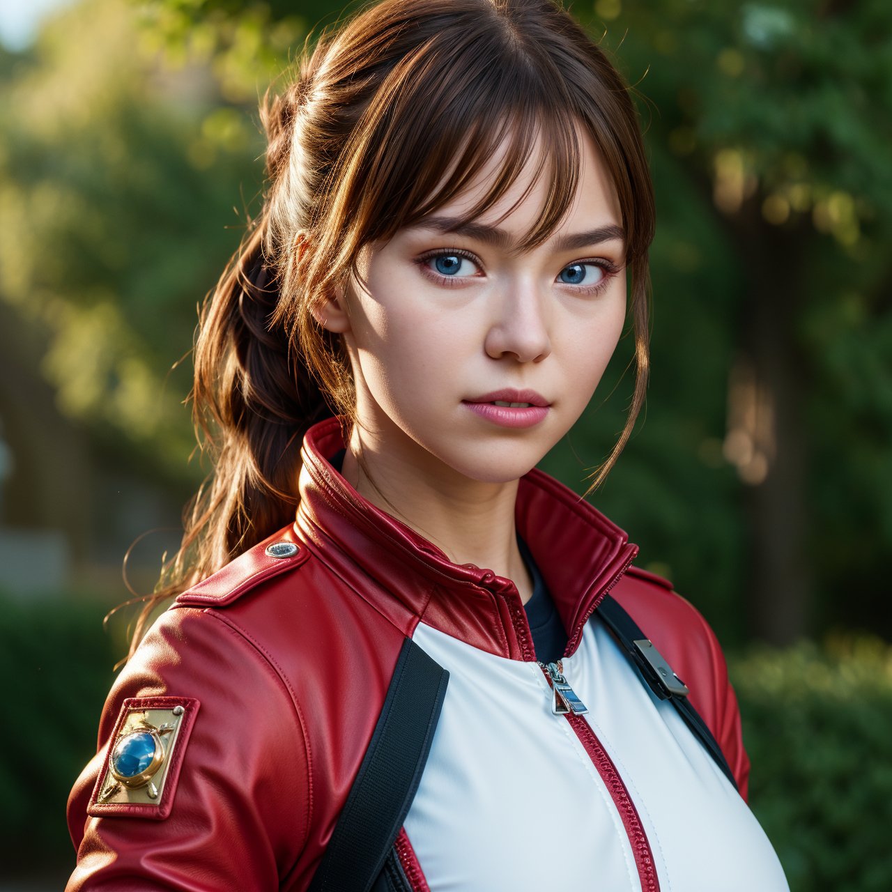 (8k, best quality, masterpiece:1.2), ultra-detailed, Masterpiece, realistic lighting,masterpiece, best quality, masterpiece, official art,extremely detailed CG unity 8k wallpaper,beautiful detailed eyes, light on face, 1girl, Asuka,Upper body, breasts, pilot_suit, plugsuit, red_jacket, windbreaker, gloves, bandage, hair_ornament, bracer,