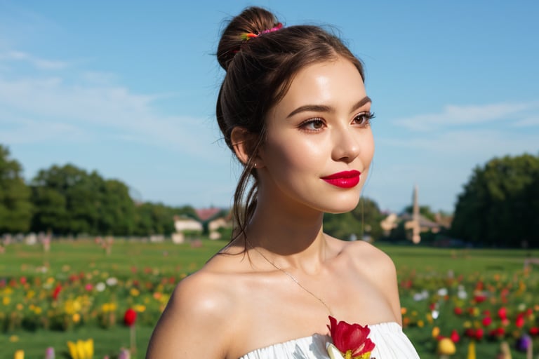 masterpiece, best quality, 1girl,, solo,, fashi-girl,, mature girl,, , cute, sweet,,  long brown hair,, ponytail hair,, , brown eyes,, closed mouth,, red lips,, , face brushed by the wind,, , white dress,, medium breasts,( flower_styler:1.2)(rainbow-candy:1.2),Masterpiece,girl