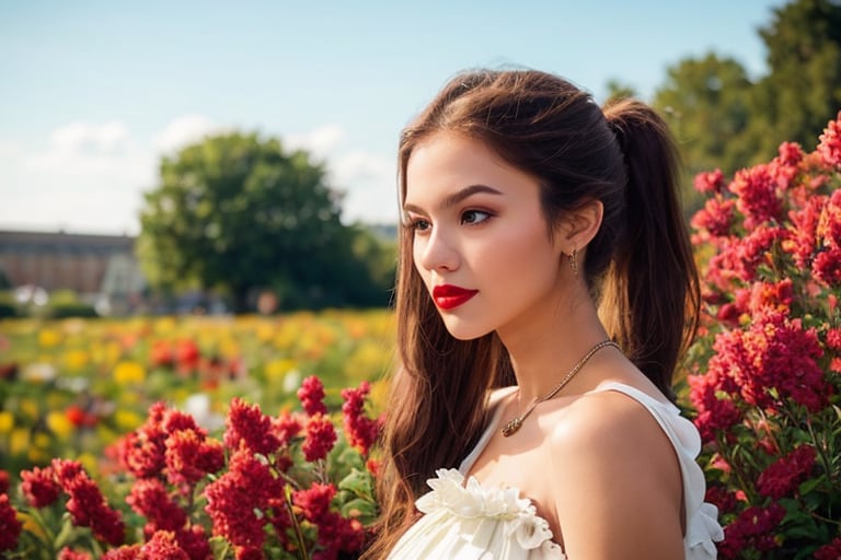 masterpiece, best quality, 1girl,, solo,, fashi-girl,, mature girl,, , cute, sweet,,  long brown hair,, ponytail hair,, , brown eyes,, closed mouth,, red lips,, , face brushed by the wind,, , white dress,, medium breasts,( flower_styler:1.2)(rainbow-candy:1.2),Masterpiece,girl