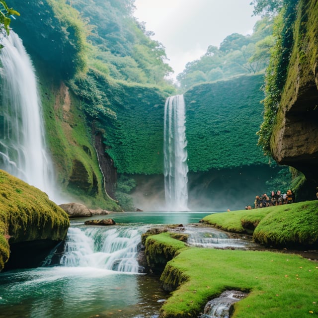 Waterfall conveys four adventurers natural fantasy landscape fairy green, golden ratio, animated detail, delicate, QuixelMegascans trend, perfect image, super high resolution, perfect composition, detailed, super color, (high detail skin: 1.2), 8k ultra high definition, DSLR camera, soft lighting, high quality, film grain, Fujifilm XT3