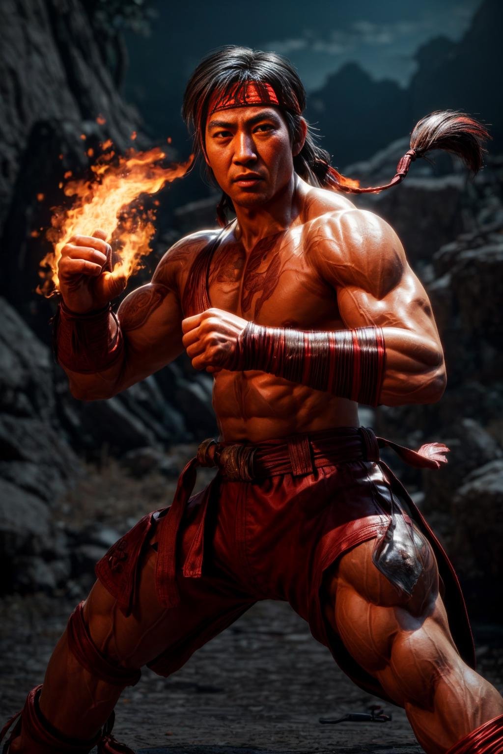 <lora:Liu_Kang_v1:0.7>Masterpiece, best quality, (highly detailed raw photo:1. 2), 8k arnold, volumetric lighting, volumetric shadows, phil haley style <lora:more_details:0.6> <lora:epi_noiseoffset2:0.7>asian man with headband, fire in hands, sad, fighting stance <lora:more_details:0.6>A dry place like an empty desert