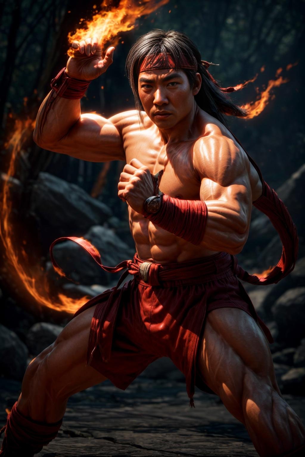 <lora:Liu_Kang_v1:0.7>Masterpiece, best quality, (highly detailed raw photo:1. 2), 8k arnold, volumetric lighting, volumetric shadows, phil haley style <lora:more_details:0.6> <lora:epi_noiseoffset2:0.7>asian man with headband, fire in hands, shy, fighting stance <lora:more_details:0.6>A place that was once inhabited by beings from another world