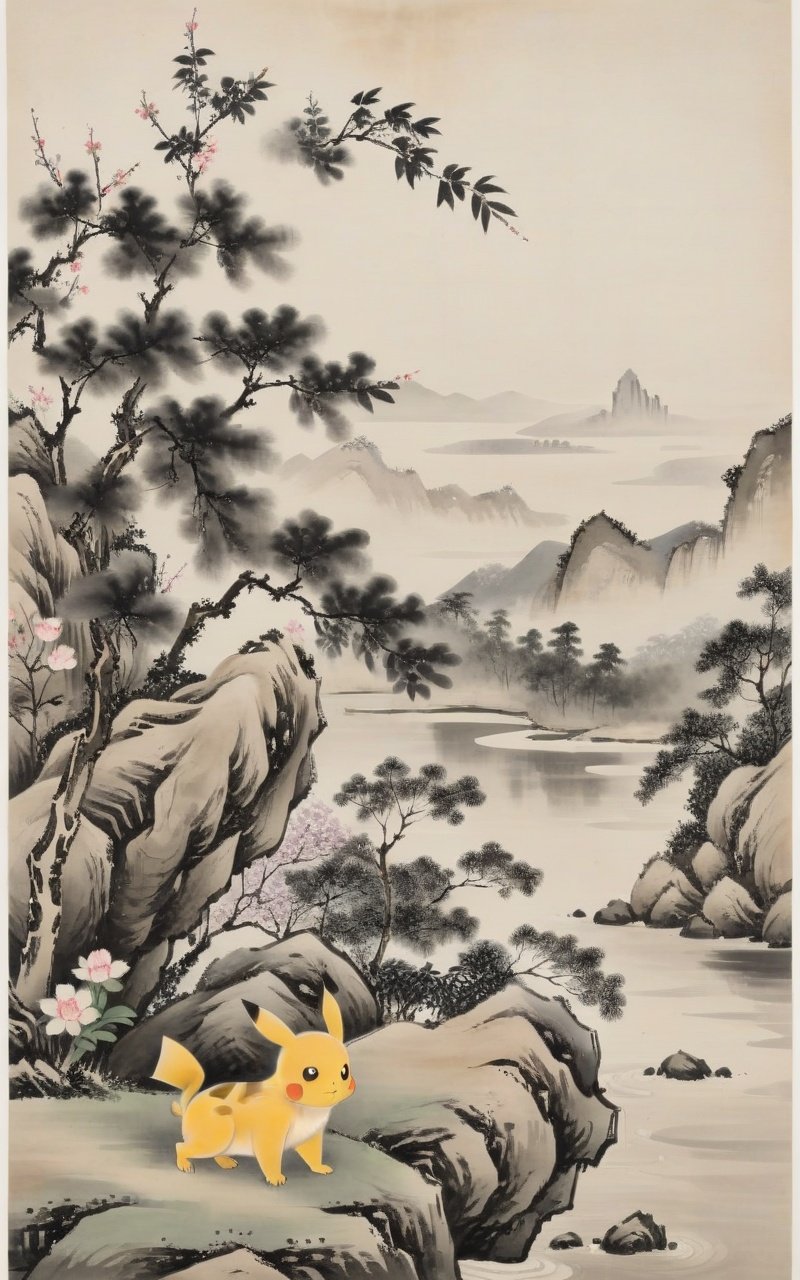 negative space,traditional chinese ink painting,pikachu,forest background,near lake,tree,flower,rock,pagoda,