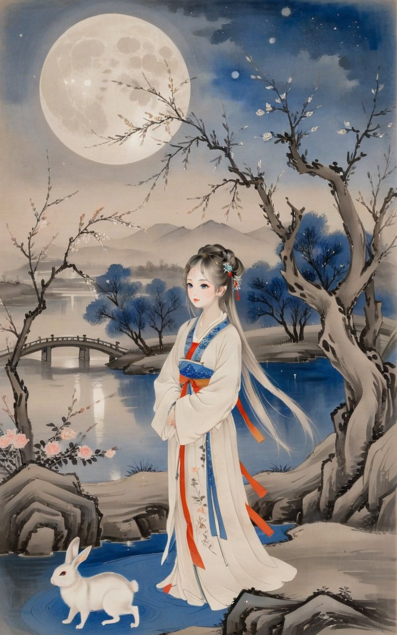 traditional chinese ink painting,willow branches,willow tree in background,wuchangshuo,black and white ink painting,best quality, 1girl, solo, rabbit ears,white hair, very long hair, blue eyes, hanfu,standing,from side, look up,(full moon),cloudy sky,starry sky,  flowers, lake, (night),lantern, (chinese architecture) 