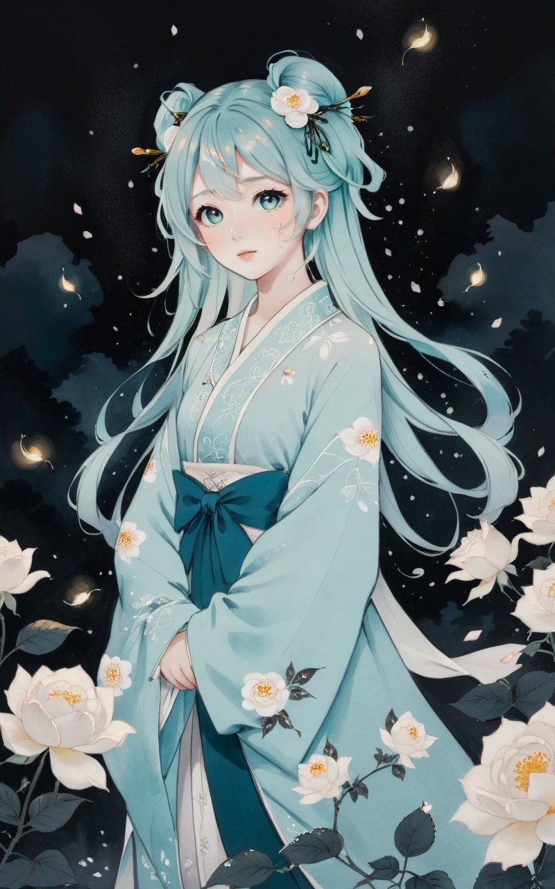 shukezouma,negative space,shuimobysim,(traditional chinese ink painting),shuimobysim,negative space,portrait of a lady,face focus, masterpiece, best quality, 1girl, hatsune miku, white roses, petals, night background, fireflies, light particle, solo, aqua hair with twin tails, aqua eyes, standing, pixiv, depth of field, cinematic composition, best lighting, looking up