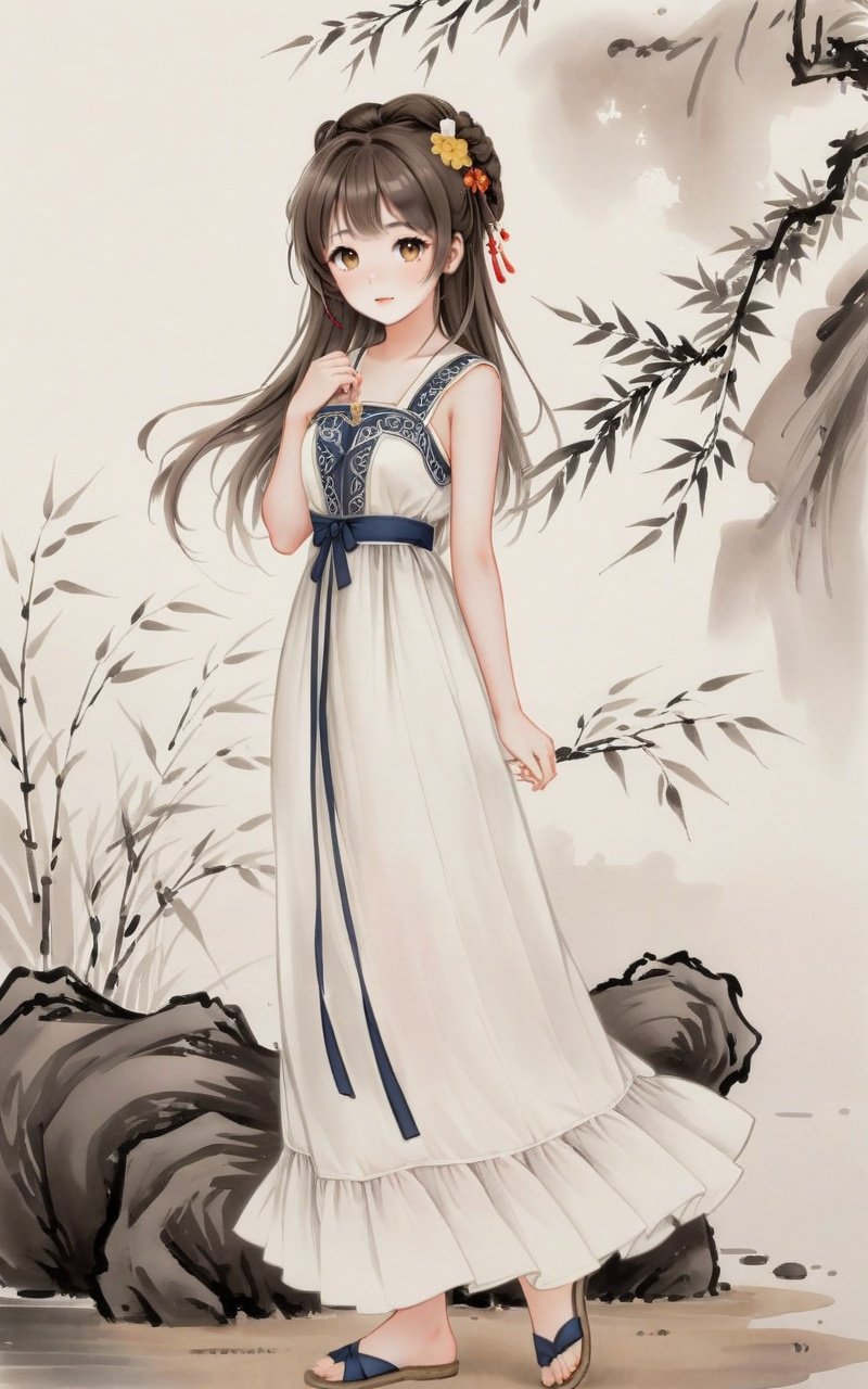 traditional chinese ink painting,willow branches,willow tree in background,wuchangshuo,black and white ink painting,[(white background:1.4)::4],solo,(traditional media:1.3),round image,solo,chibi,1girl,lion ears,lion tail,virtual youtuber,tail,dress,animal ears,solo,long hair,lion girl,white dress,ahoge,full body,yellow eyes,looking at viewer,barefoot,sleeveless dress,brown hair,standing,sundress,sleeveless,white background,bangs,bare legs,bare shoulders,hair between eyes,simple background,frilled dress,bare arms,closed mouth,collarbone,blush,(cute loli),