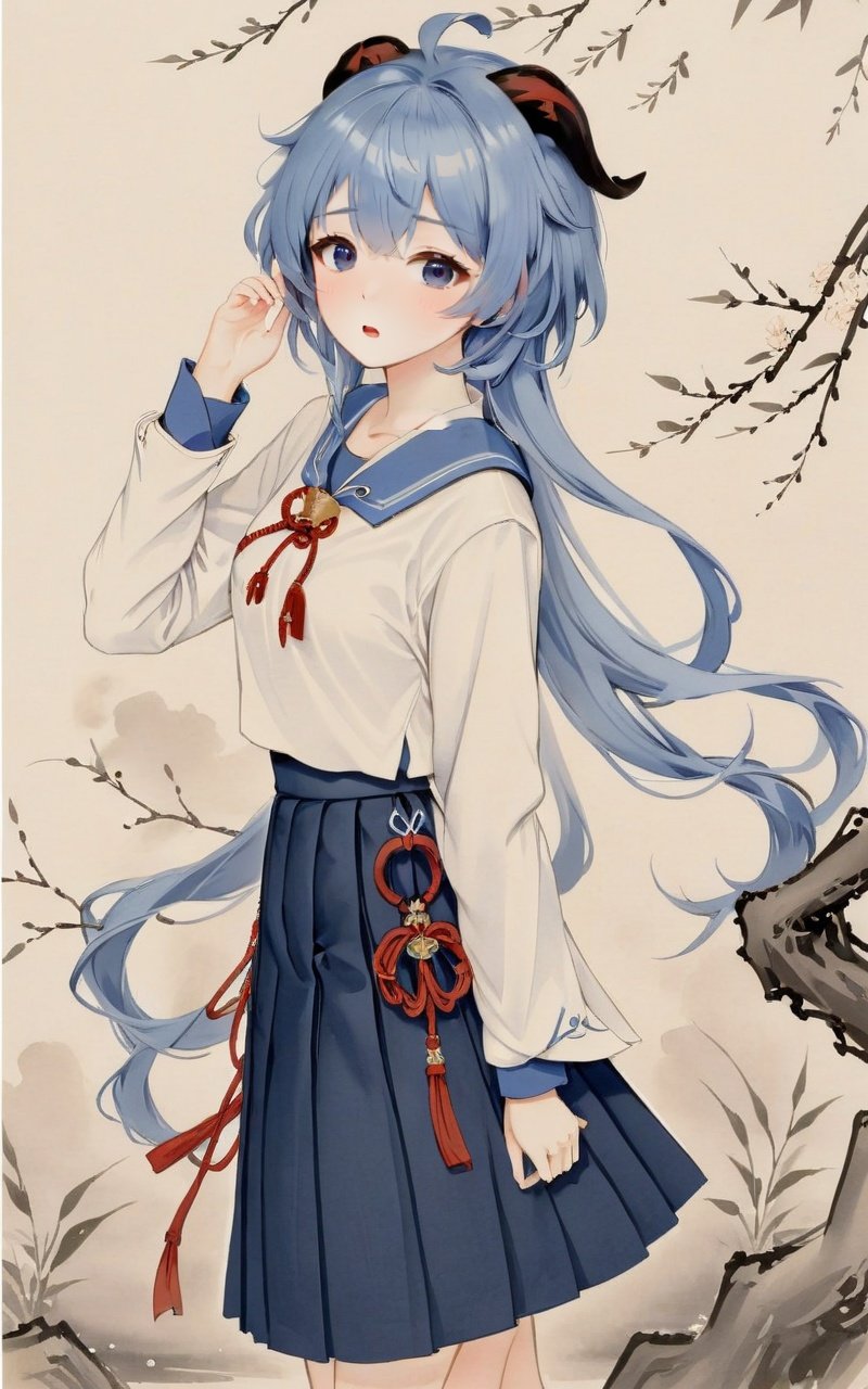 traditional chinese ink painting,willow branches,willow tree in background,wuchangshuo,<lora:ganyu2x_xl:1>,1girl,ganyu (genshin impact),horns,long hair,blue hair,school uniform,solo,skirt,white background,serafuku,looking at viewer,red eyes,simple background,blush,bangs,long sleeves,alternate costume,open mouth,sailor collar,:o,cross,pleated skirt,ahoge,arm up,neckerchief,