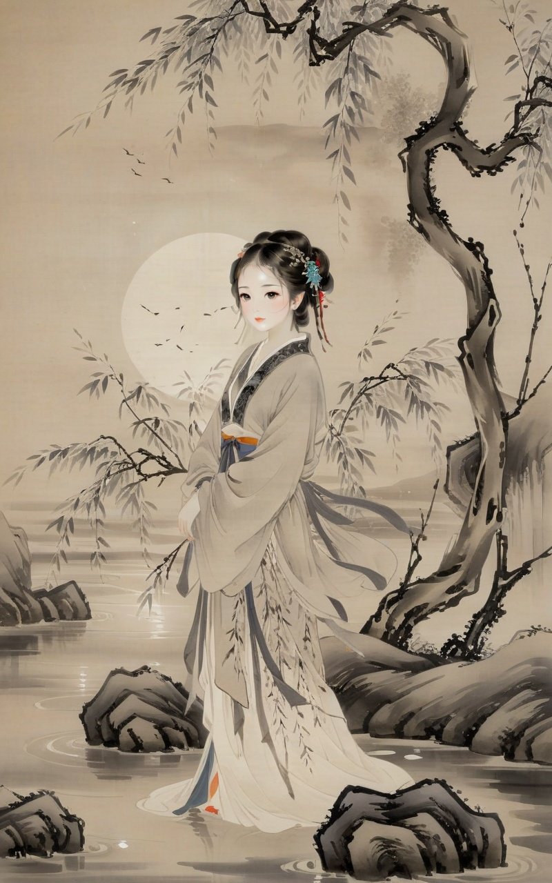 traditional chinese ink painting,willow branches,willow tree in background,wuchangshuo,black and white ink painting,Best quality, 8k,cg,night,glowing,transparent,barefoot,1girl,standing_on_liquid,ripples,sparkler,dress,Formed by light,starry_background