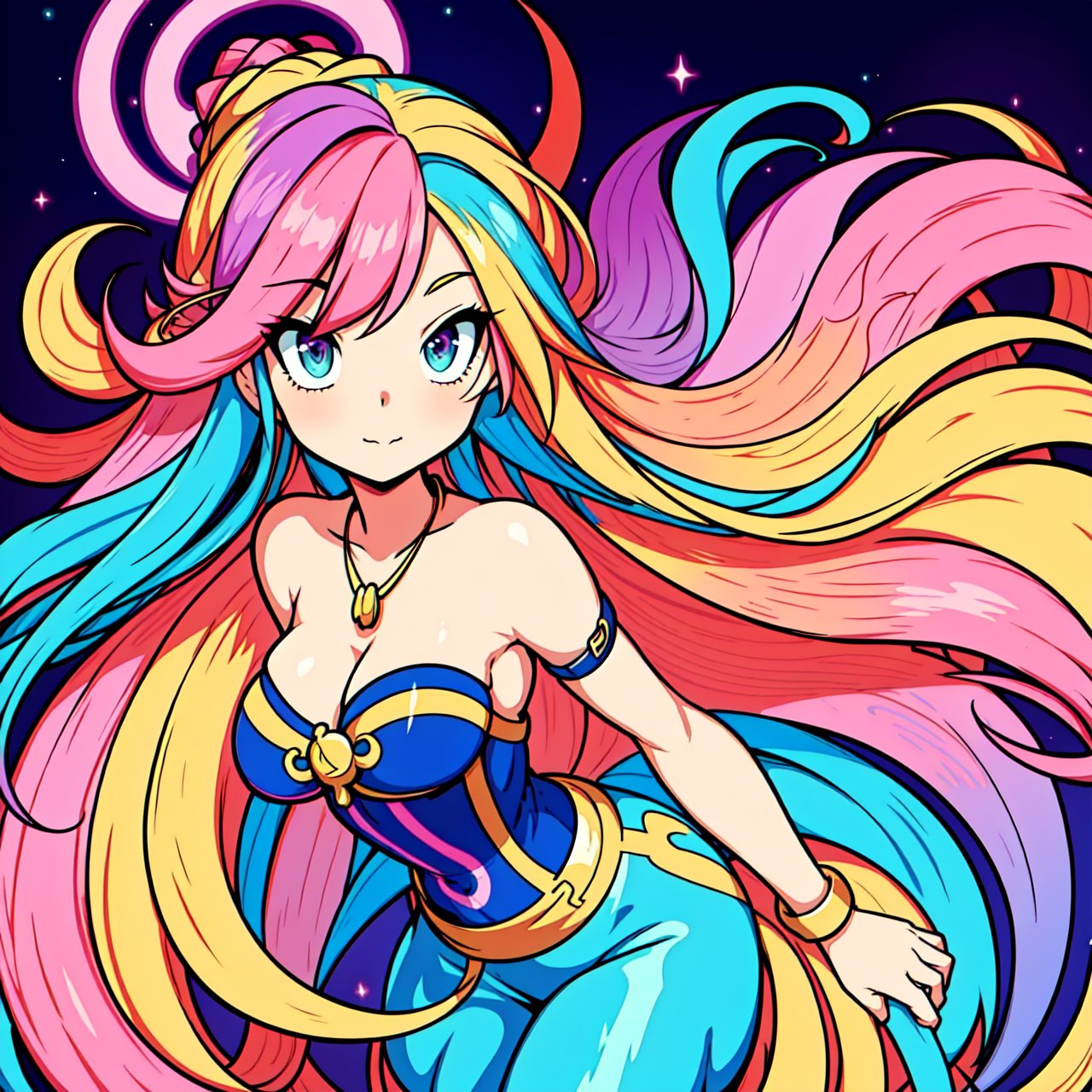 Close-up of a woman with colorful hair and necklace, anime girl with cosmic hair, Rossdraws soft vibrancy, Gouviz style artwork, fantasy art style, colorful], vibrant fantasy style, Rossdraws cartoon full of vitality, cosmic and colorful, Guweiz, colorful digital fantasy art, stunning art style, beautiful anime style, glowing hair