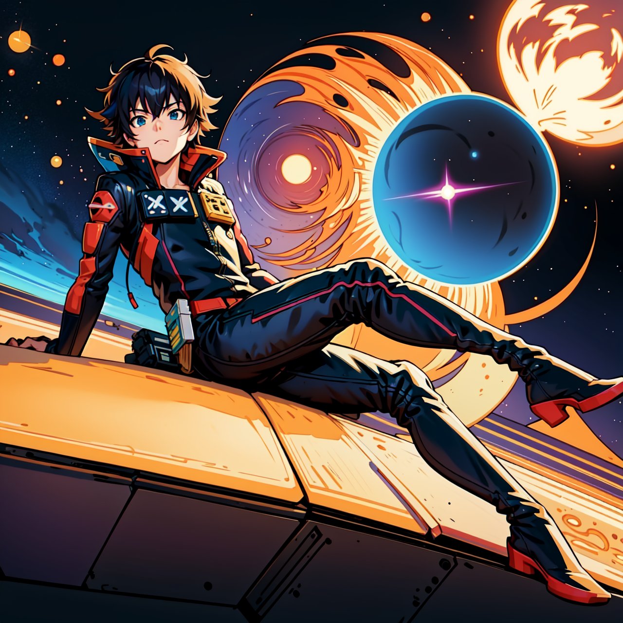 anime guy sitting on the ground looking at the planet, space cowboy, cyber space cowboy, inspired by Josan Gonzalez, makoto shinkai ( apex legends ), akira artstyle, ross tran style, akira vibes, akira art style, floating beside planets, josan gonzales, sci - fi art!!!!!!!, josan gonzales!!!, in space, modern sci-fi anime