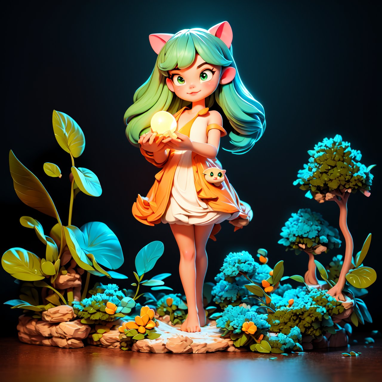 (best quality,4k,8k,highres,masterpiece:1.2),ultra-detailed,1girl cat,bioluminescent organisms,mysterious glowing forest,soft glow from the girl's hands