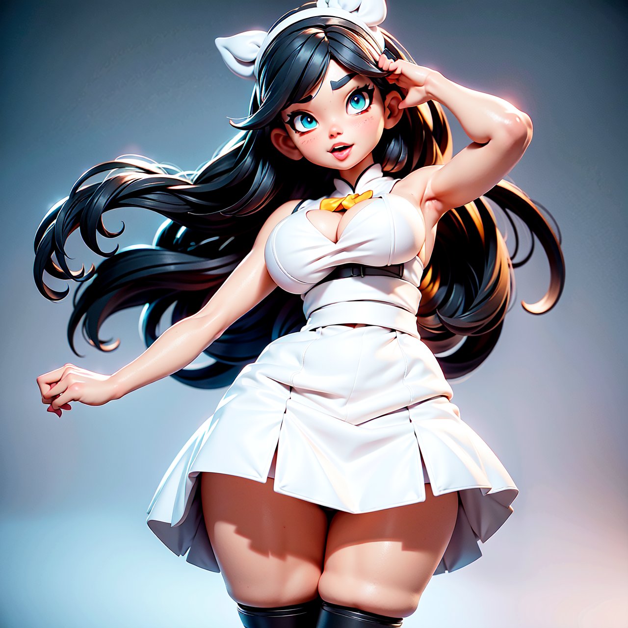 Anime character (big) in white apron and black hair, Azur Line style, fleet series style, Pixiv 3DCG, Ahegao, Cushart Krenz, anime Moe Art Style, from Azur Route video game, biomechanics oppai, highest ranked on Pixiv, best quality, 8k HD, thigh gap,