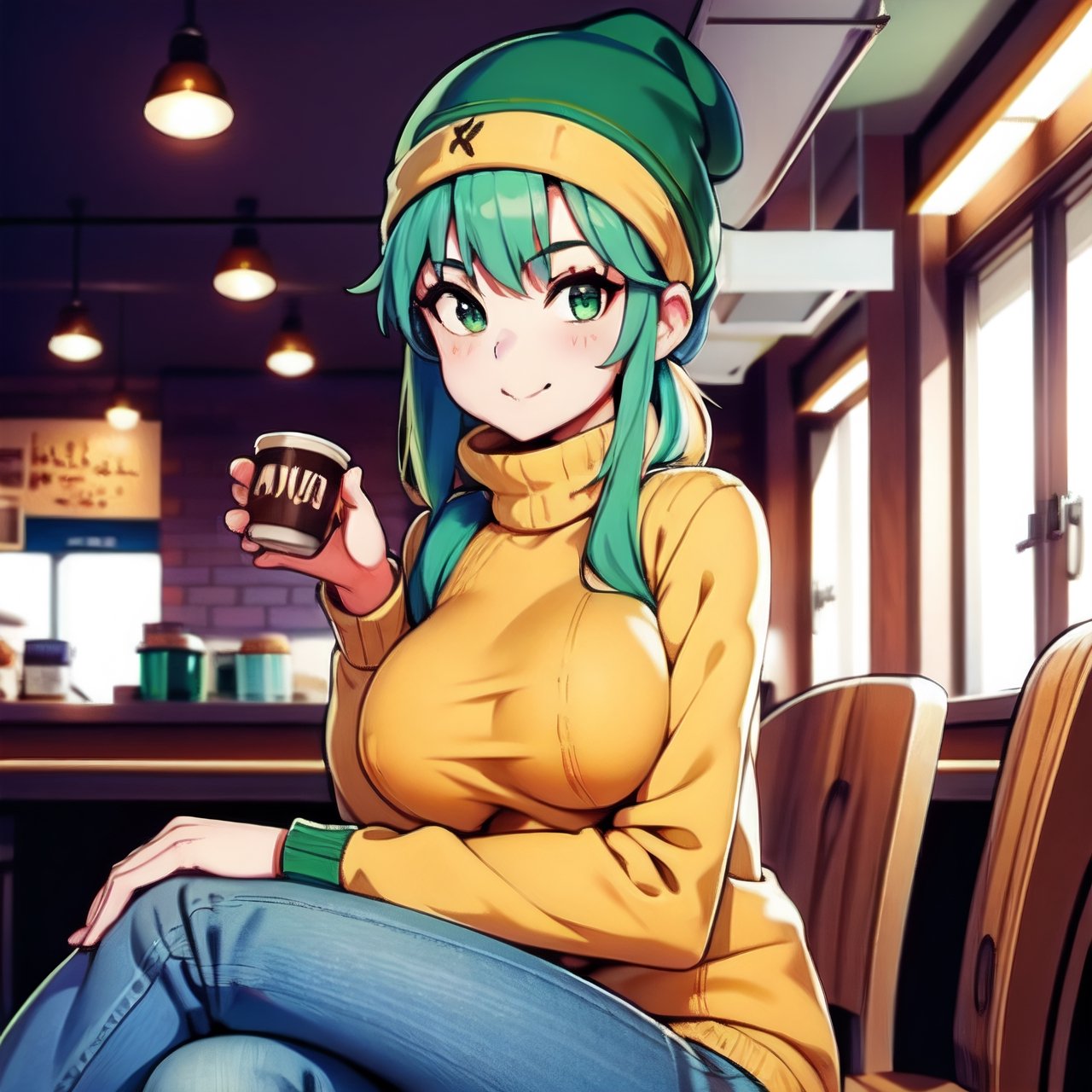 1girl, solo, Coffee shop, green hair, beanie, sweater, jeans, sitting on chair, dynamic pose, indoors,