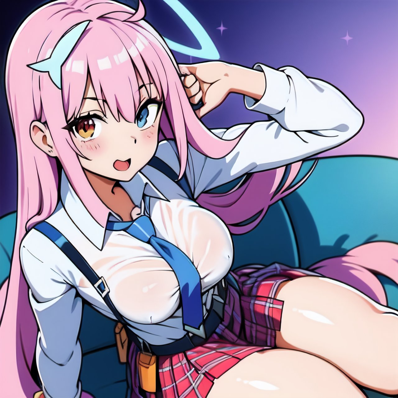 1girl, hoshino (blue archive), solo, heterochromia, pink hair, skirt, long hair, necktie, ahoge, shirt, halo, plaid skirt, blue eyes, plaid, looking at viewer, white shirt, sitting, orange eyes, chest harness, harness, long sleeves, id card, open mouth, very long hair, collared shirt, smile, blue necktie, bangs, feet out of frame, between legs, hand between legs, blush, hair between eyes, highres,masterpiece, best quality