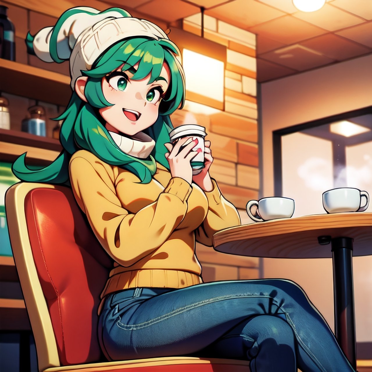 1girl, solo, Coffee shop, green hair, beanie, sweater, jeans, sitting on chair, dynamic pose, indoors,