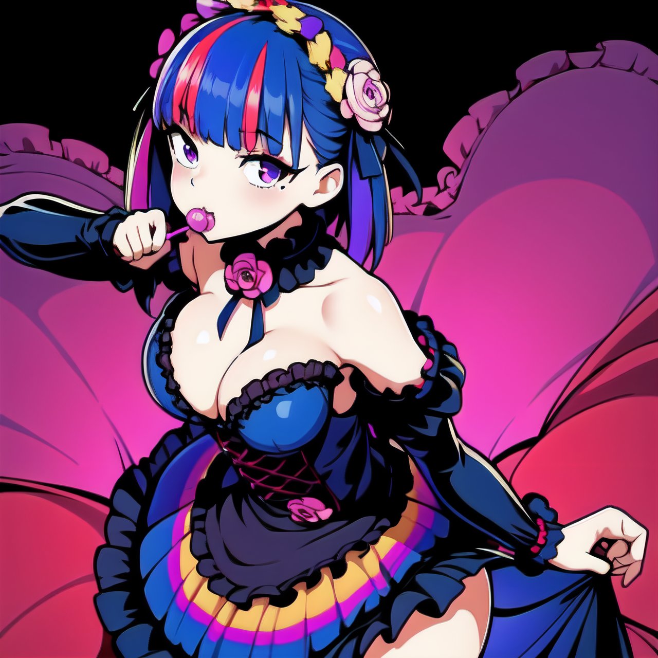 masterpiece, best quality,1girl,gothgal,frilly dress 8k,highres, ( flower_styler:1.2)(rainbow-candy:1.2)