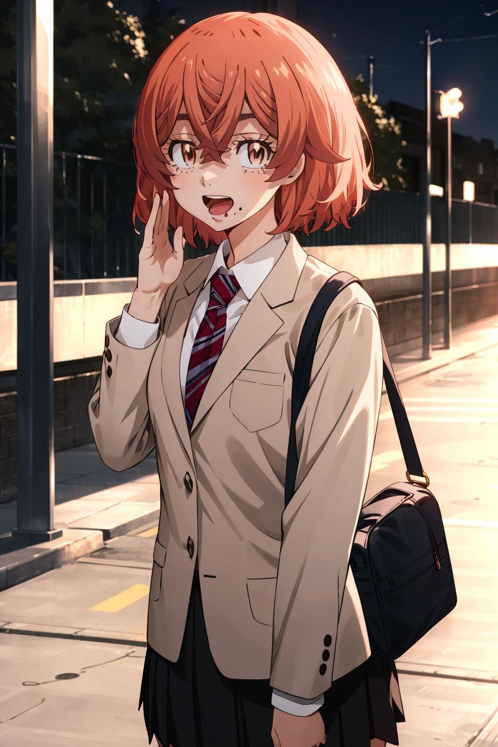 <lora:hinata_tachibana-17:1> hinata-tachibana, 1girl, solo, looking at viewer, short hair, open mouth, skirt, hair between eyes, brown eyes, school uniform, jacket, pleated skirt, necktie, black skirt, bag, orange hair, mole, blazer, mole under mouth, striped necktie, outdoors, nightgown, happy, 