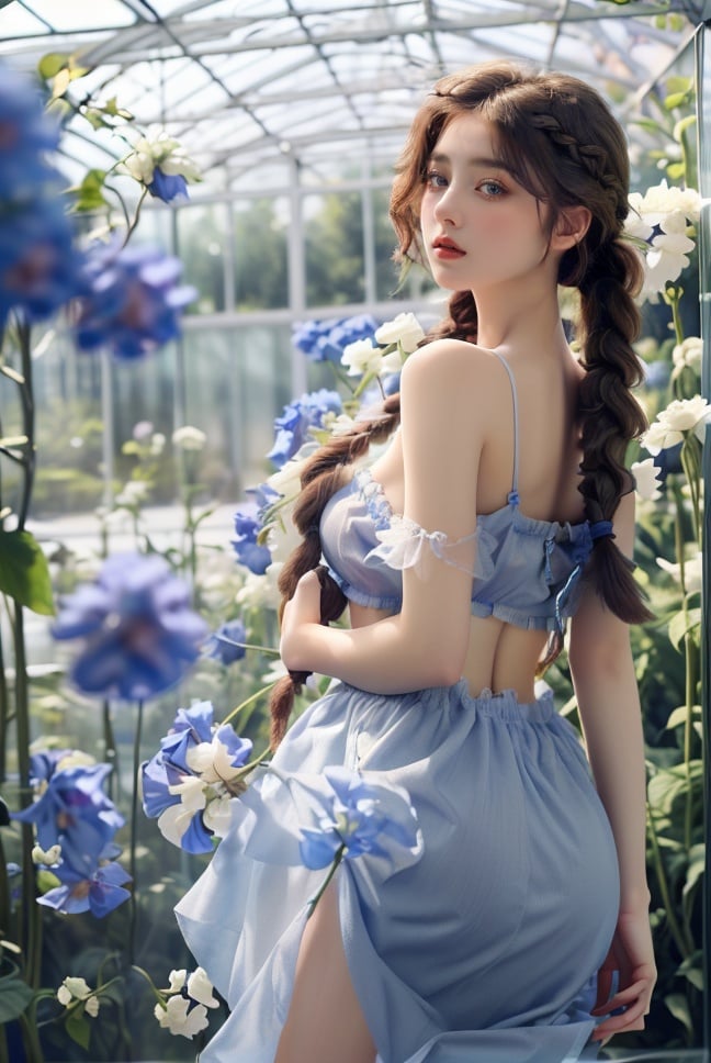 1girl,masterpiece,A beautiful and delicate girl,grace,Glass house,Brilliant flowers,Luxuriant plants,Blue flowers,Rembrandt light,Glass flower room,Blue skirt,Beautiful and delicate eyes,(braid:1.3),Tender,(grace:1.2),(fine gauze:1.2),Perfect breasts.,Plump buttocks,UHD ,<lora:Glass flower room_20231028153630-000006:0.7>,cinematic lighting,textured skin,8k,