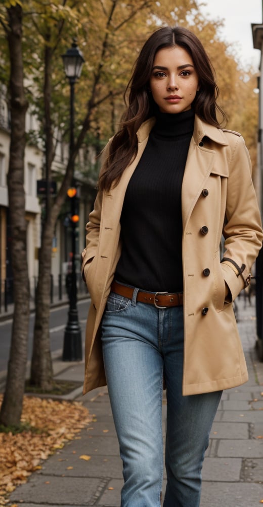 Background: Paris,  Montmartre,  rue du Chevalier de la Barre,  autumn. Real street in Autumn. First twilight,  candelabras illuminate the street,  people and bars in a warm yellow,  lot of yellowed leaves,  dark-green color tones wet on the street.1,  Girl,  walking with full shape,  full frame body,  nice girl,  posing to camera,  whole shape girl 27 year old,  with closed natural mouth,  lip gloss,  overflowing with,  serious mood,  no makeup,  look like:  Valentina Acosta Giraldo,  Archery,  born: 19 April 2000 in Colombia,  real life,  ultra-detailed,  little hill of Venus,  masterpiece,  perfect photo realistic picture,  detailed fingers,  nice fingers,  real human nails,  detailed,  finely detailed,  realistic face with perfect shorter snub nose,  attractive girl,  medium size firm breasts,  young long legs,  perfect detailed tanned ((dark auburn colored skin)),  (((with a small mole up of left breast))),  small eyes,  perfect detailed face with realistic complexion and skin with pores-wrinkles,  no eyes lids errors,  human perfect eyes lids,  symmetric detailed eyes,  long eyelashes,  symmetric detailed eyeballs,  perfect body,  natural posture,  natural limbs,  seductive gaze,  long hairstyle,  straight hair,  with a nice round butt,  two arms,  two legs,  one head,  sunny day,  realistic shadows,  mystical lighting,  HIGH RESOLUTION,  16K,  UHD,  RAW Photography,  wallpaper,  body facing the viewer,  showing to viewer,  seduce look,  hand next to body,  (real shadows),  cinematic light,  sharp focus Dressed in Fashionable trench long coat,  Turtleneck autumn sweater,  coat tied with a coat belt same color,  on the fast, casual,  on legs denim jeans,  no nudity,  without nudity